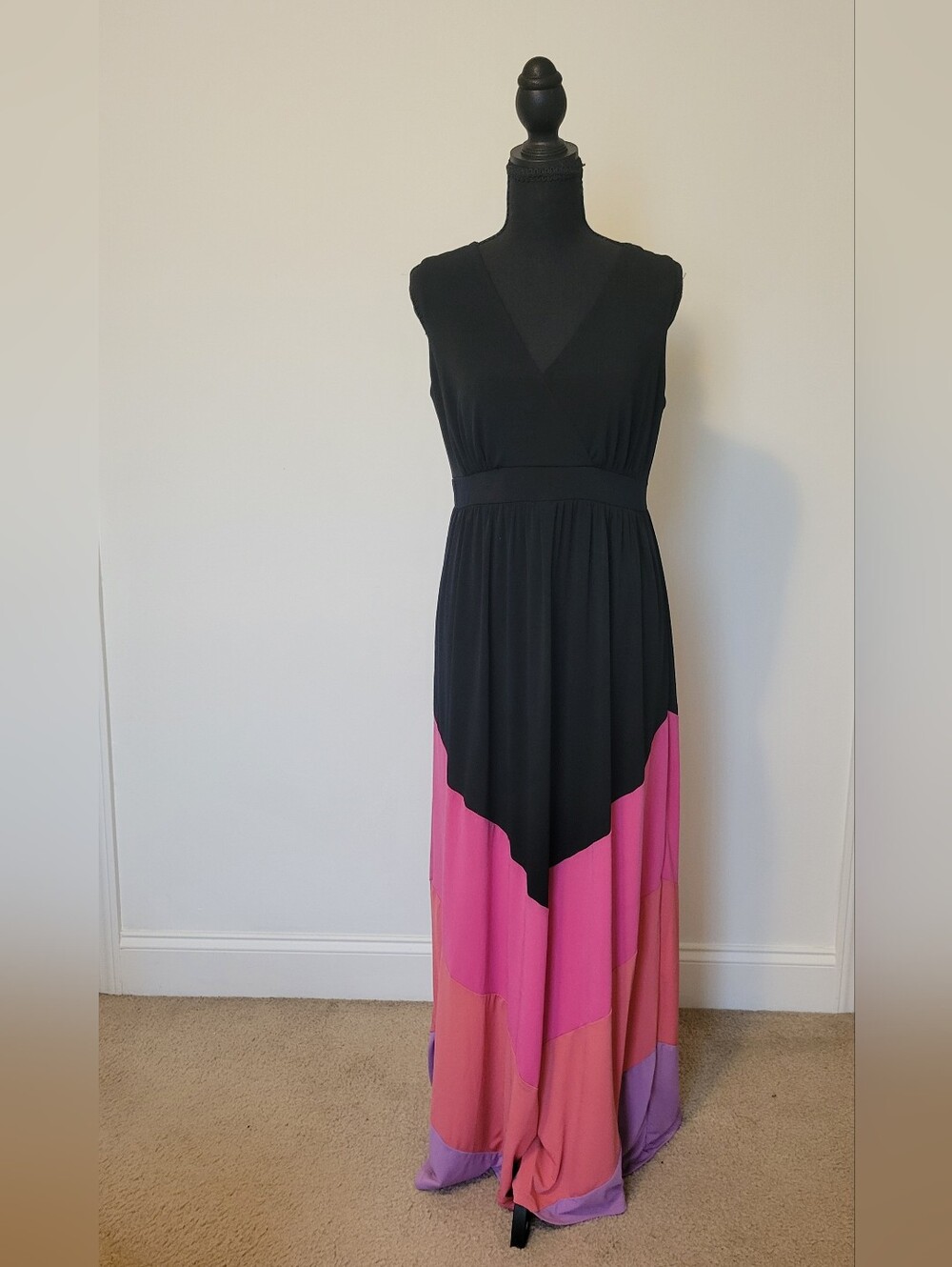 Madison Colorblock Chevron Maxi Dress Black Pink Purple Size M